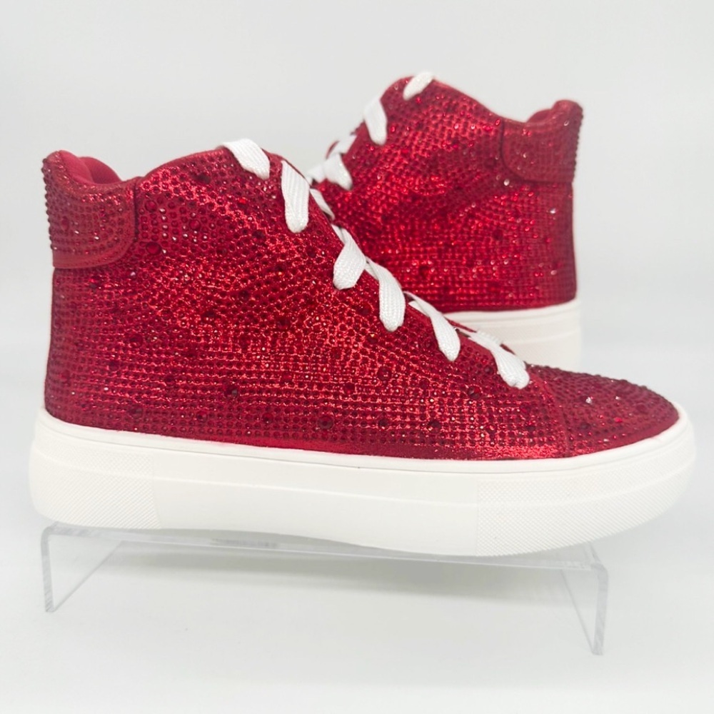 Women’s Red Rhinestone Lace-Up High Top Sneakers
